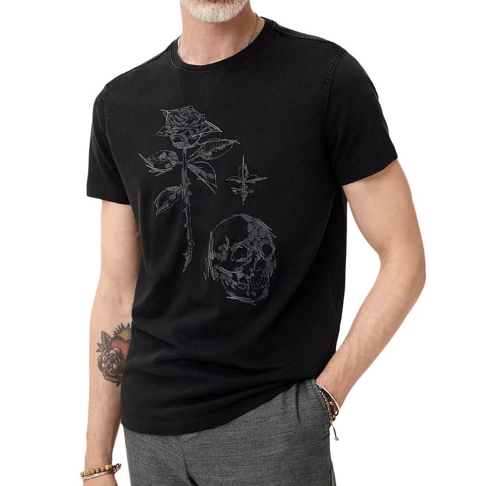 John Varvatos Mens Size S Black Rose Skull Embroidered Cotton Crew Tee NWT 148
